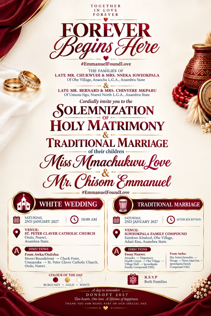 Official Wedding Invitation Card for Mmachukwu Love and Chisom Emmanuel